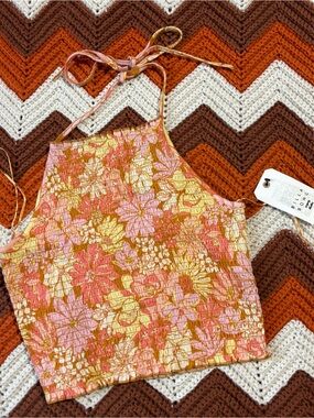 Billabong Pink, Yellow & Brown Floral Smocked Halter Crop Top